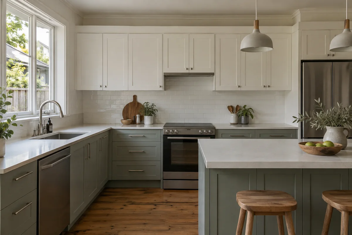 A real modest kitchen with refinished warm white cabinet doors and grey-green lower cupboards