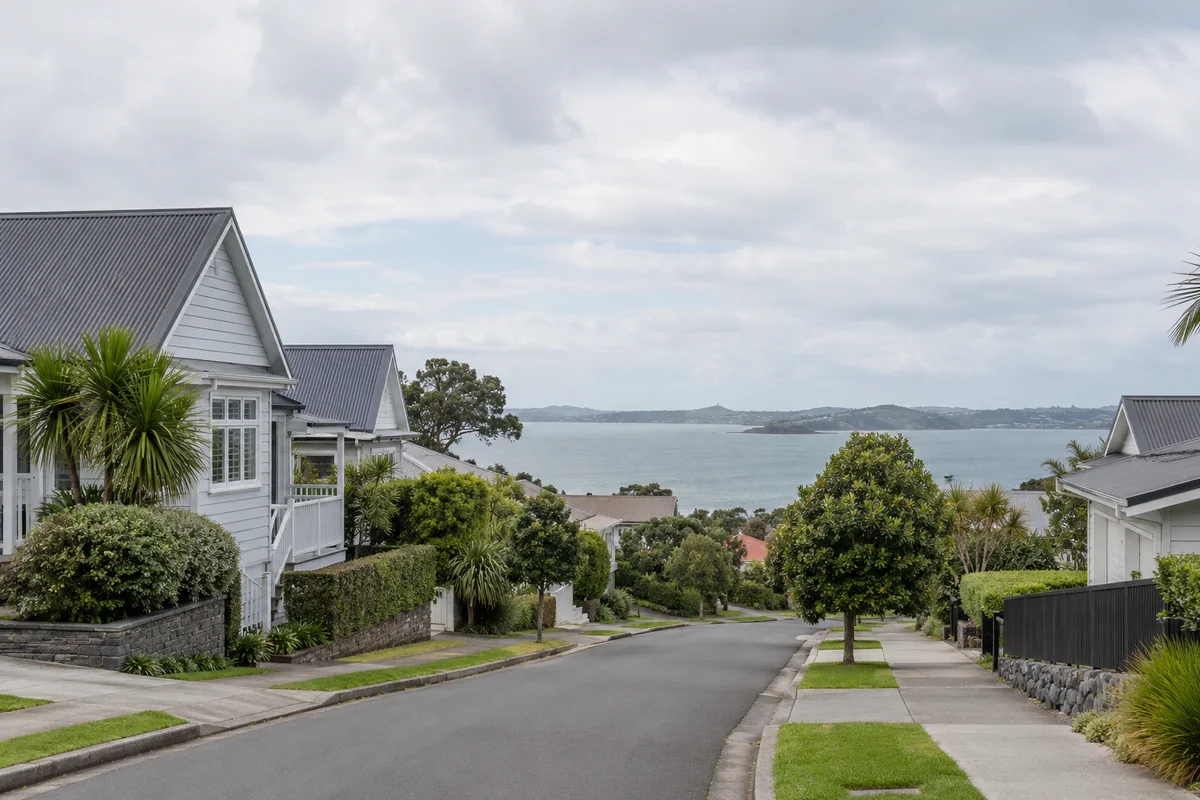 A modest Auckland coastal-style residential street with pitched roofs and restrained coastal planting
