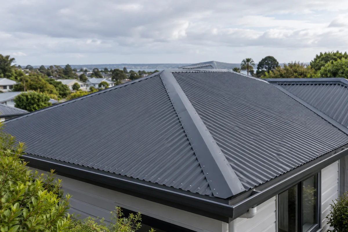 Detailed charcoal corrugated steel roof with flashings and ridge caps on an Auckland home
