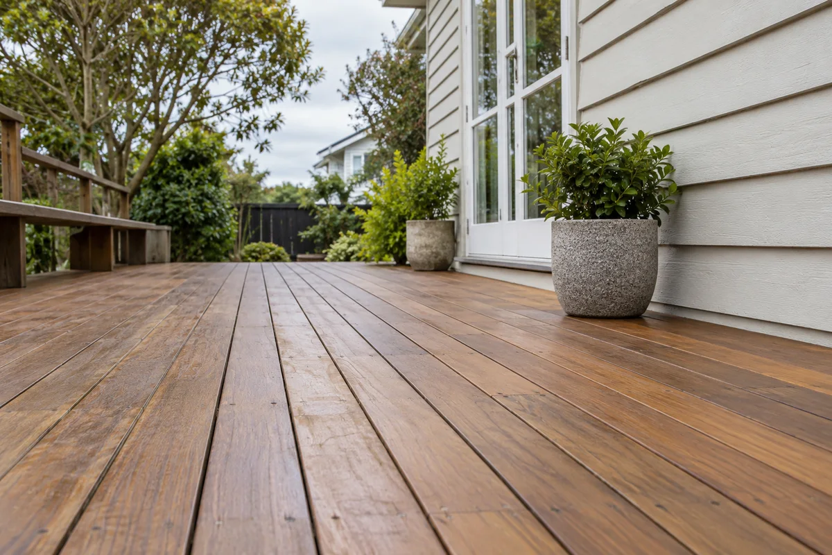 Close view of maintained timber deck boards beside a weatherboard home