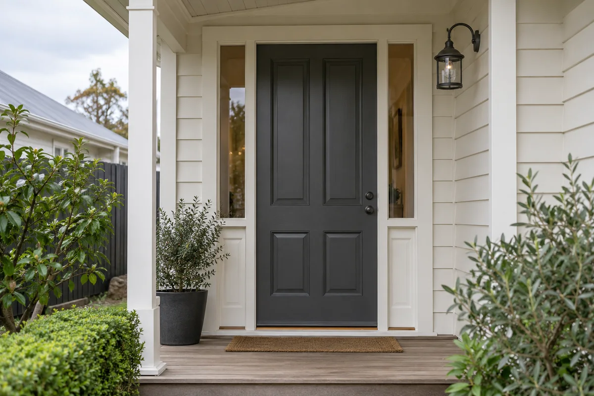Painted timber entrance door and frame on a modest Auckland house
