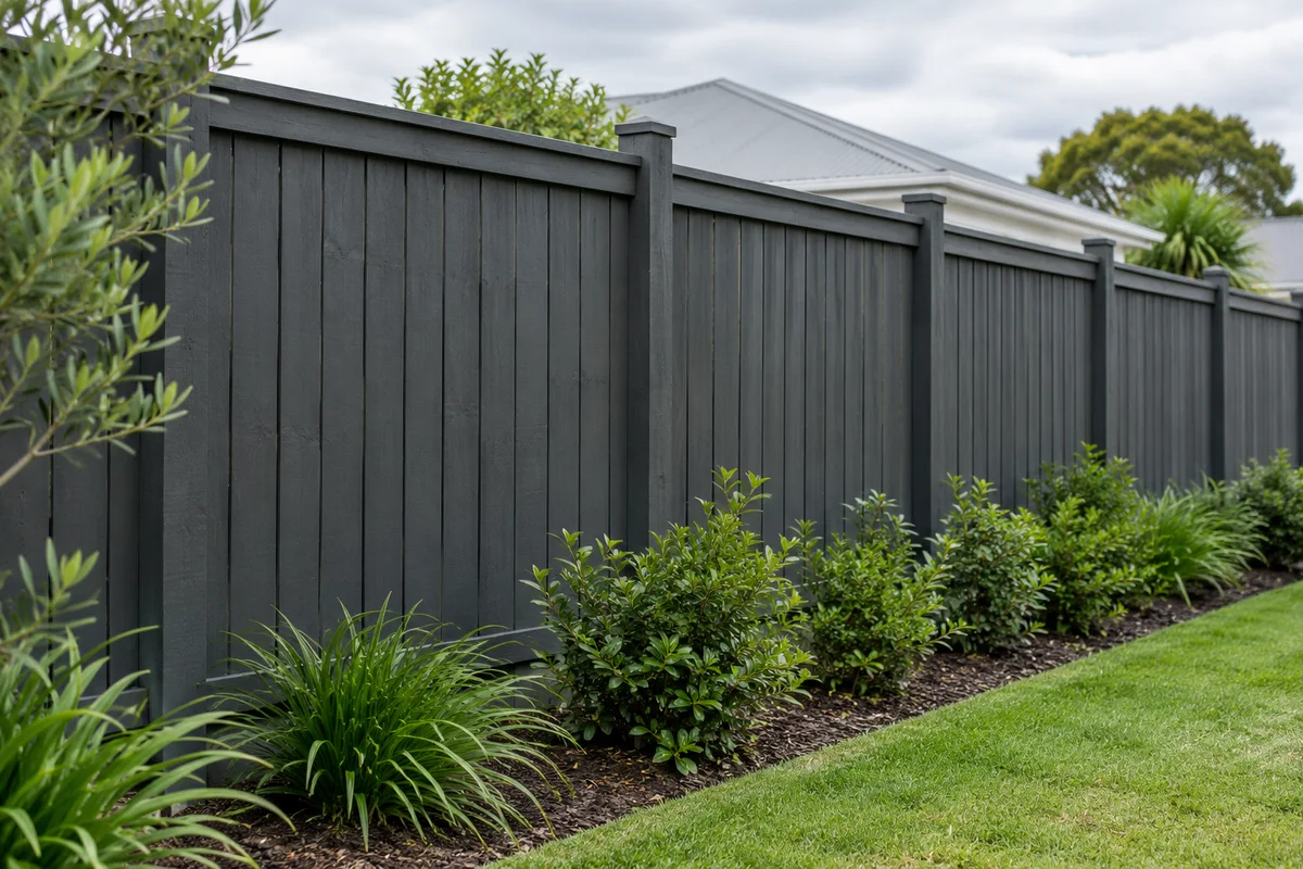 Painted timber paling boundary fence beside an Auckland garden