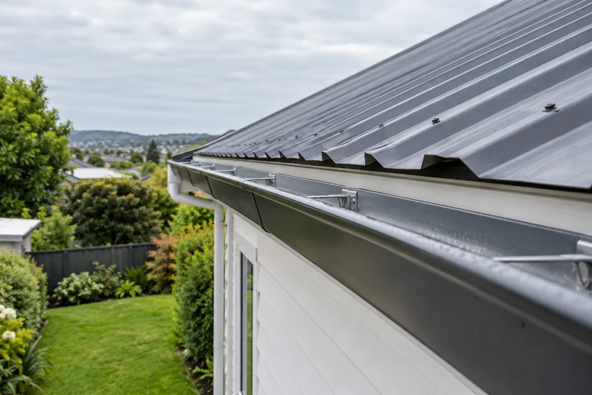 Close view along clean installed metal guttering on a white weatherboard home