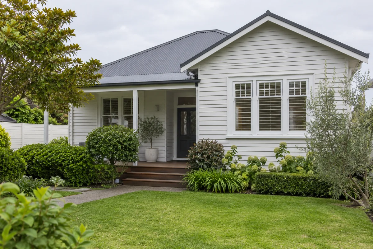 A modest Auckland weatherboard family home with painted light cladding and charcoal metal roof