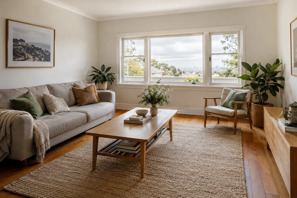 A naturally lit lived-in Auckland living room with painted off-white walls