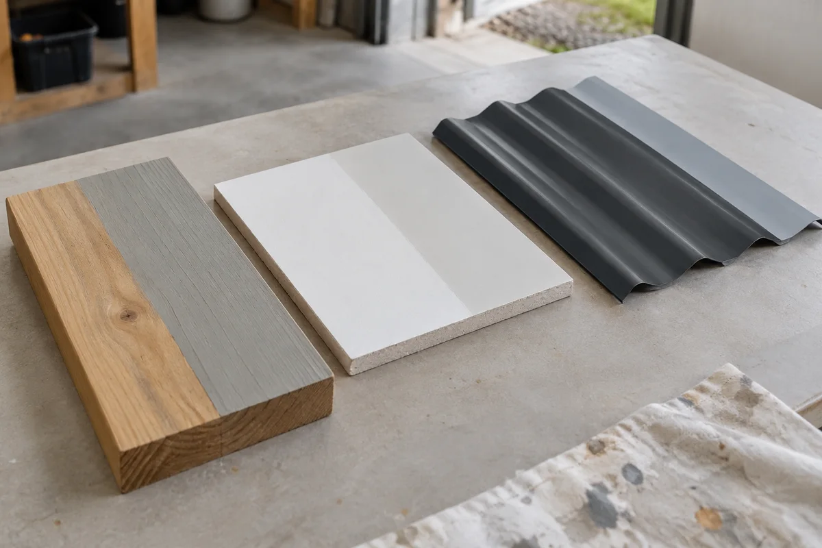 Timber, plasterboard and metal sample panels on a workshop table