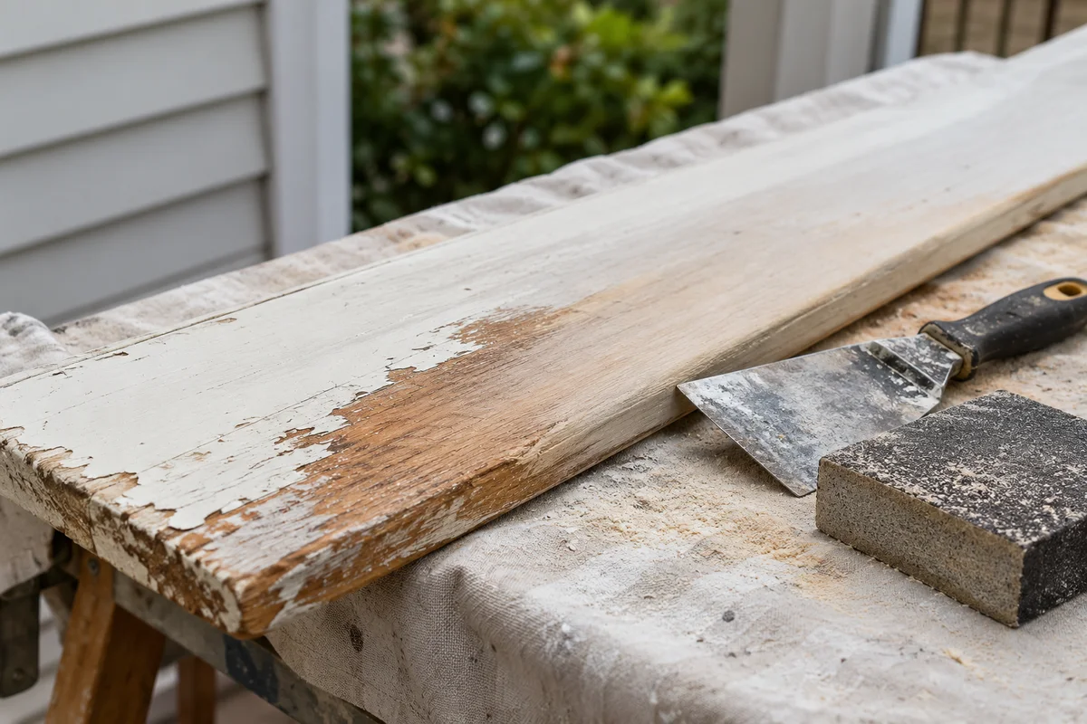 Close view of an old painted timber board on a protected workbench with a carefully feathered sanded edge