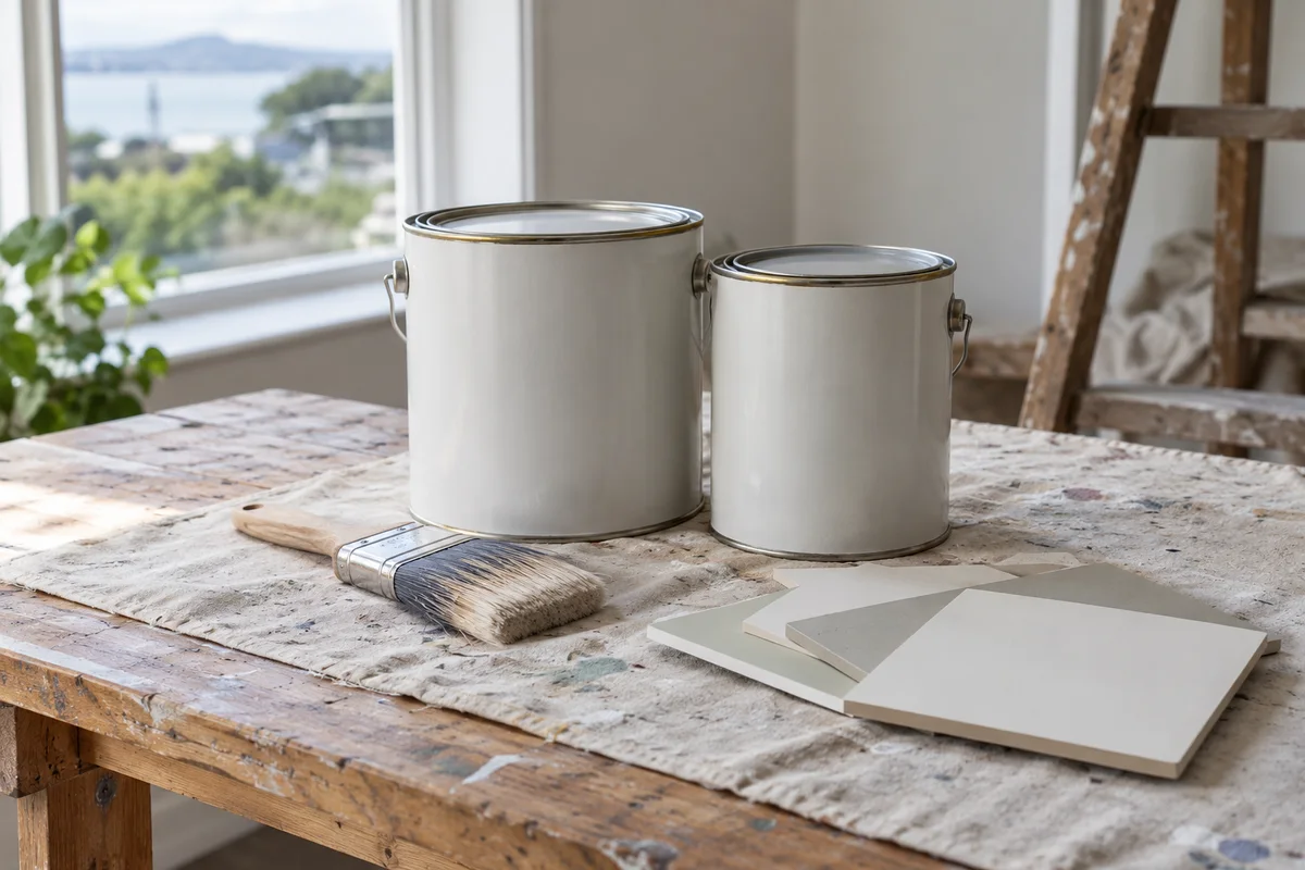 Unbranded paint tins, brush and sample boards