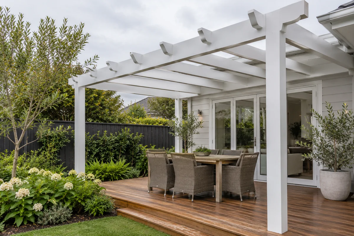 White painted timber pergola over a modest Auckland garden patio