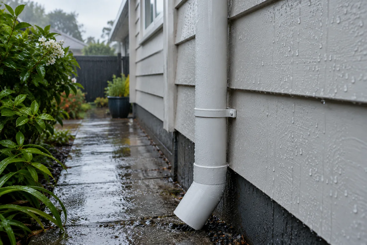 Close architectural photograph of rainwater beading on a painted exterior wall beside a correctly fitted downpipe