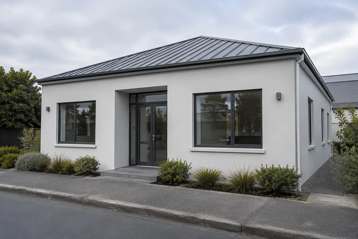An unbranded small Auckland commercial building with clean painted plaster facade and metal roof