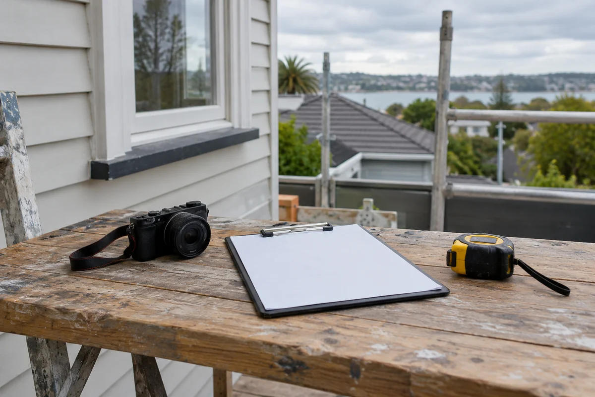 Inspection clipboard, tape measure and camera on a timber work table