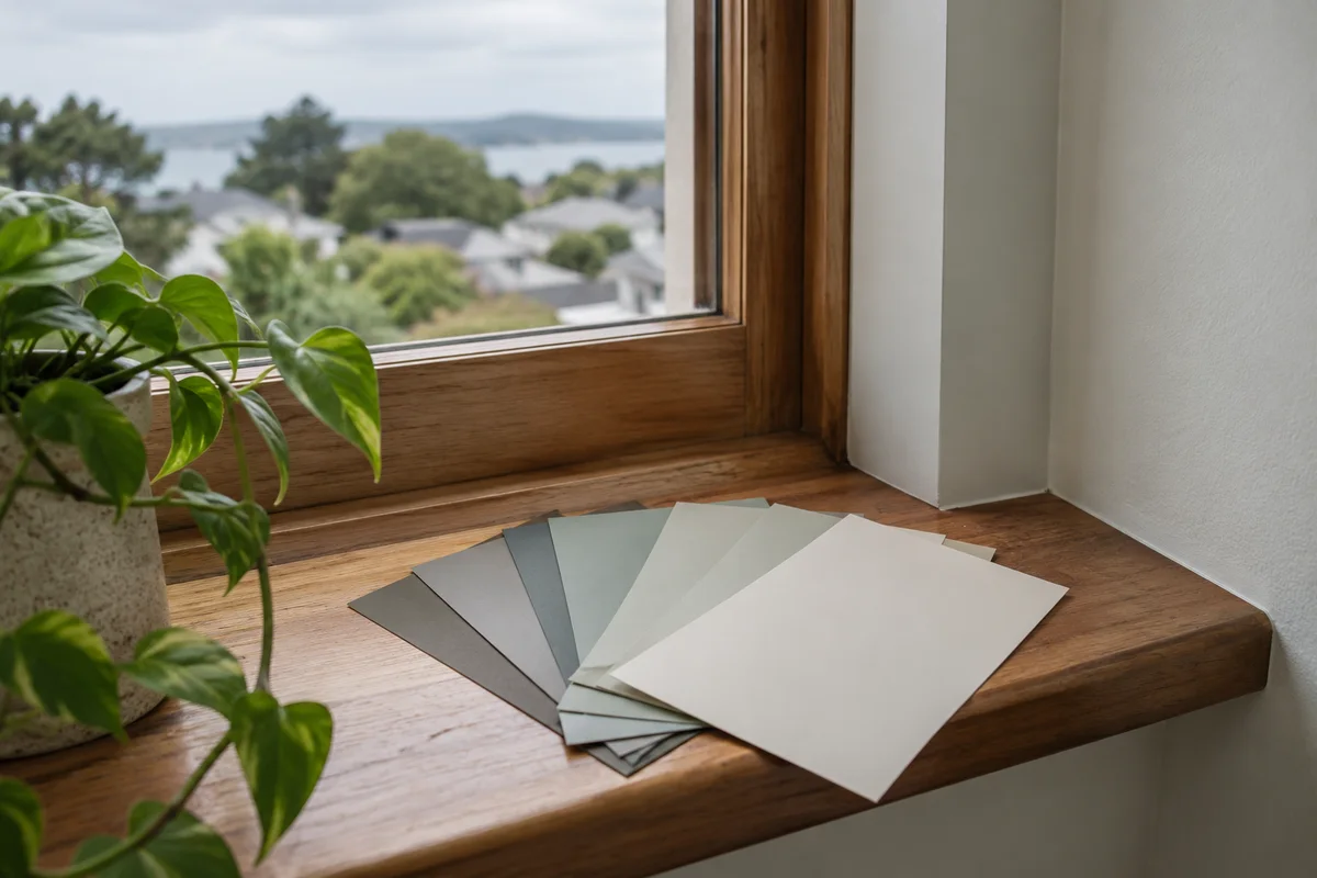 Muted paint sample cards beside a timber window and painted wall in a real home