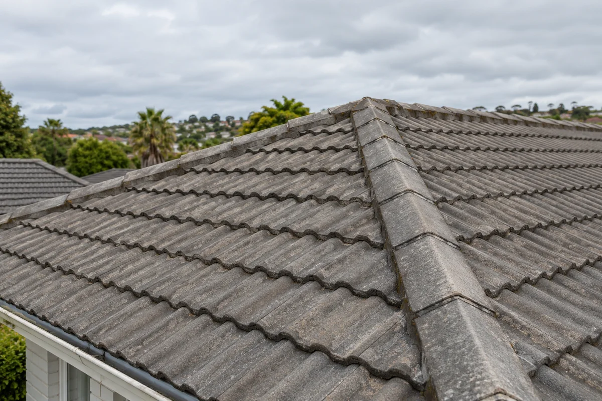 Close view of a real grey concrete tile roof on an Auckland house