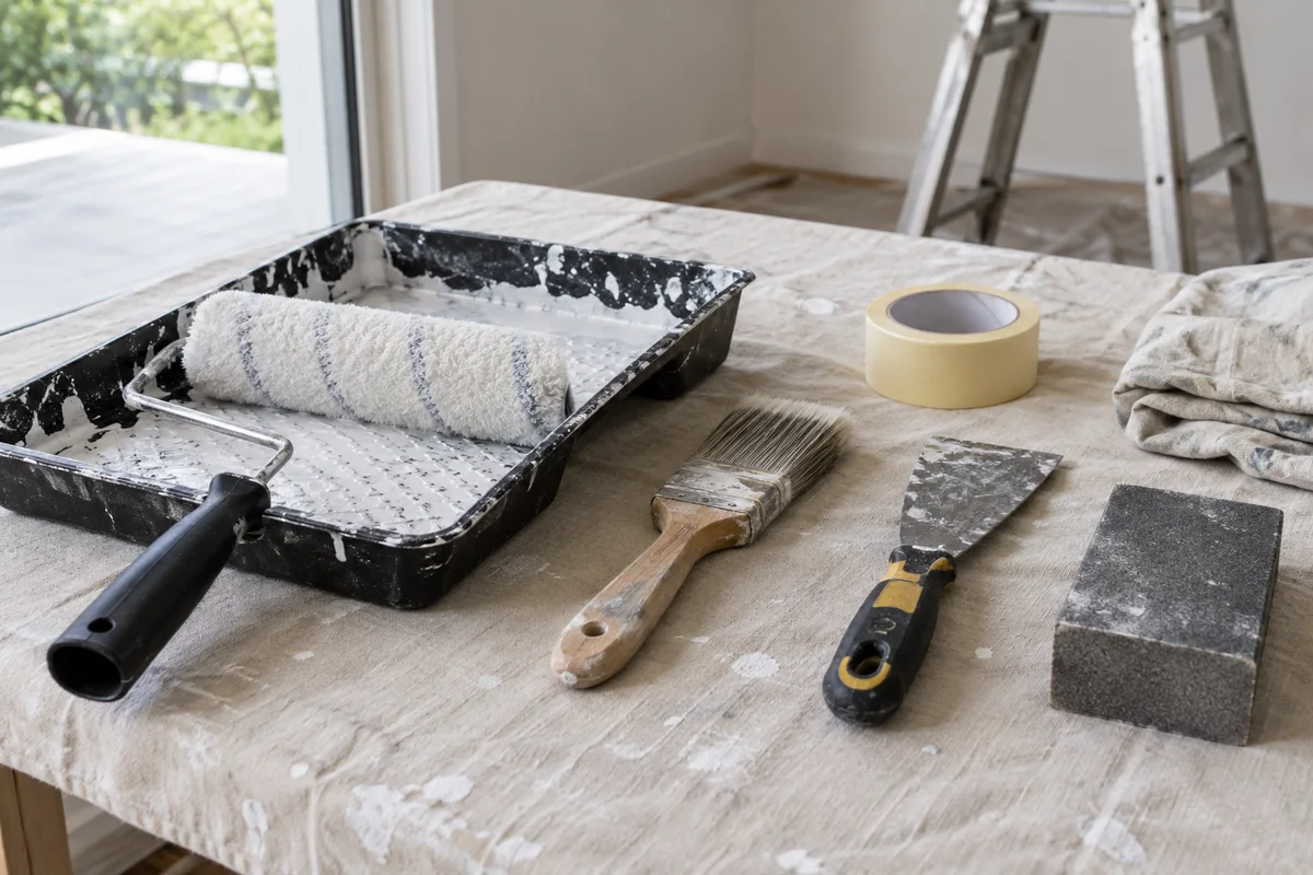 Paint roller, brushes, scraper and masking tape on a protected bench