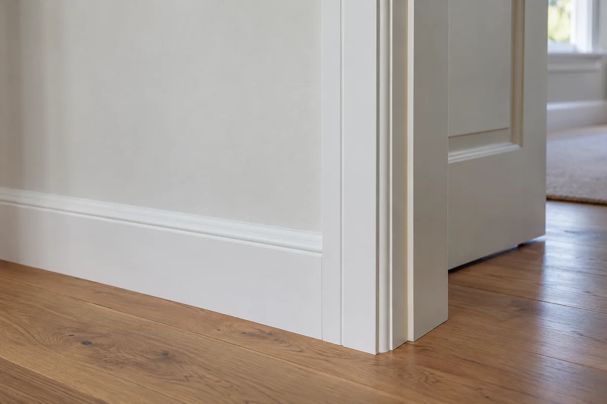 Close architectural detail of clean painted skirting and door architrave against an off-white wall and timber floor