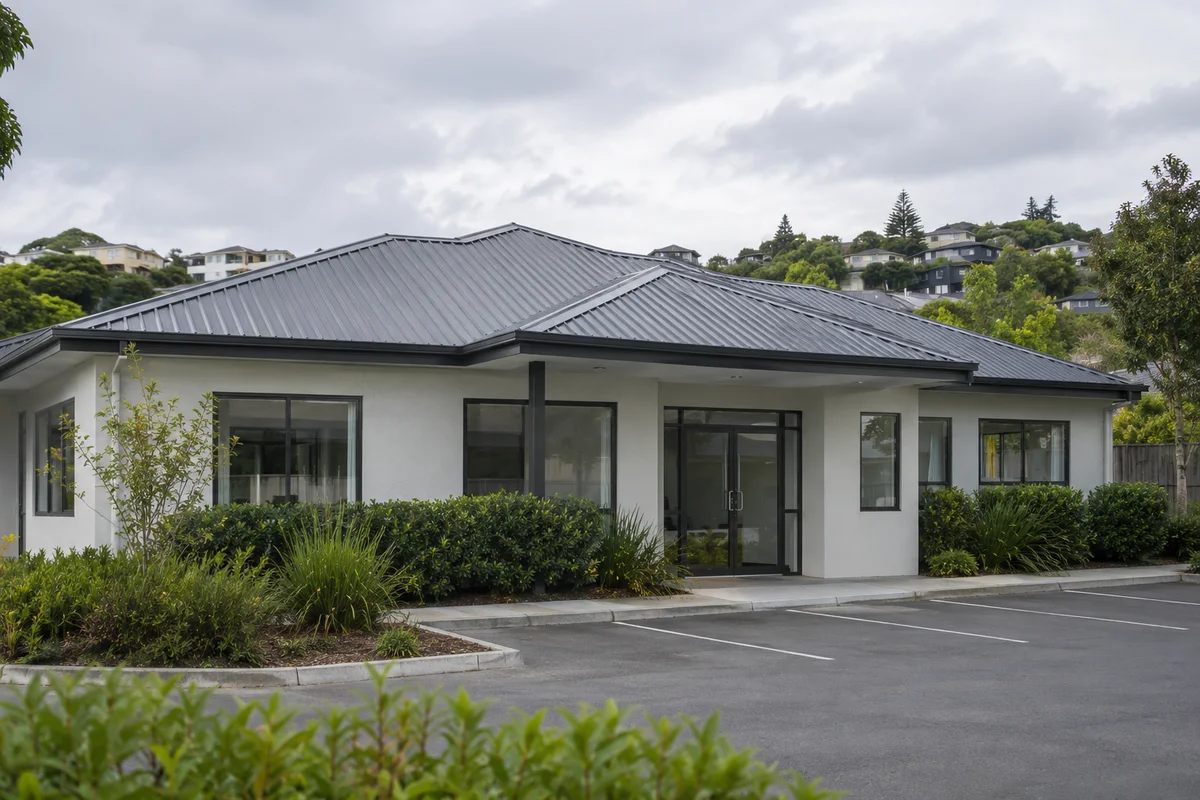 A small unbranded light-commercial building in an Auckland-style suburban valley