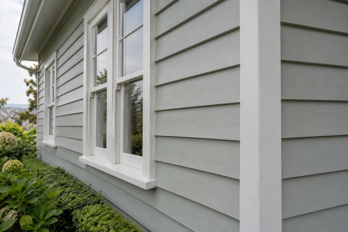 Architectural close view of painted horizontal weatherboards
