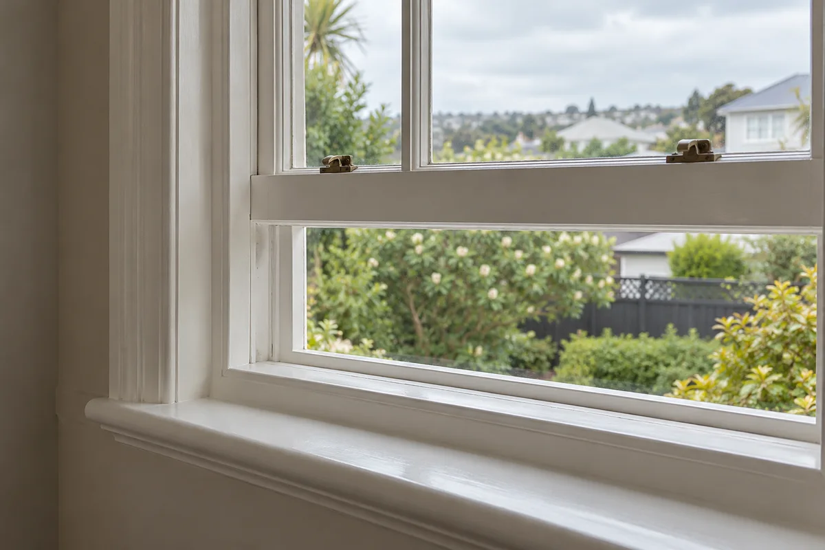 Close view of painted timber sash window inside a real Auckland home