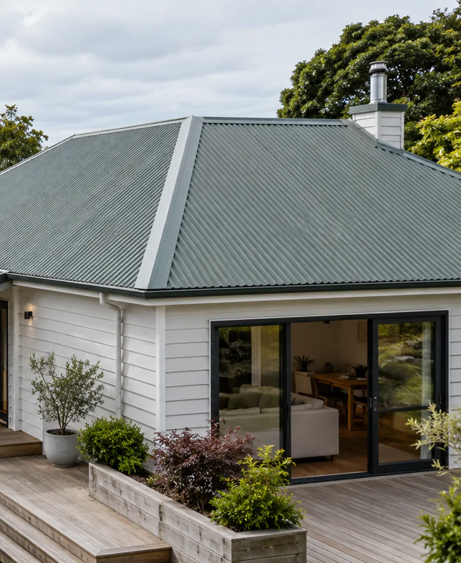 Roof-focused architectural photograph of a small family home with timber cladding and a green-grey steel roof in a leafy Auckland-style residential setting