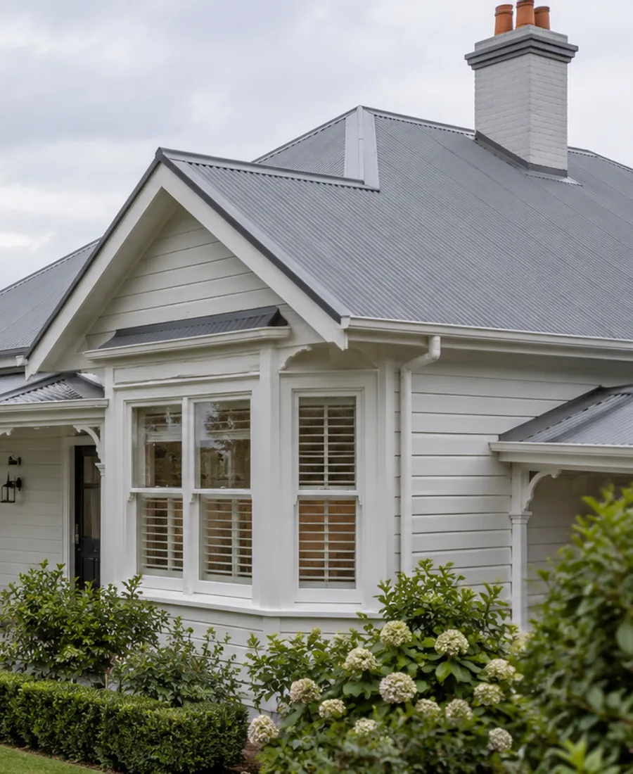 Roof-focused architectural photograph of an established timber villa with pale cladding and a grey metal roof in a leafy Auckland-style residential setting