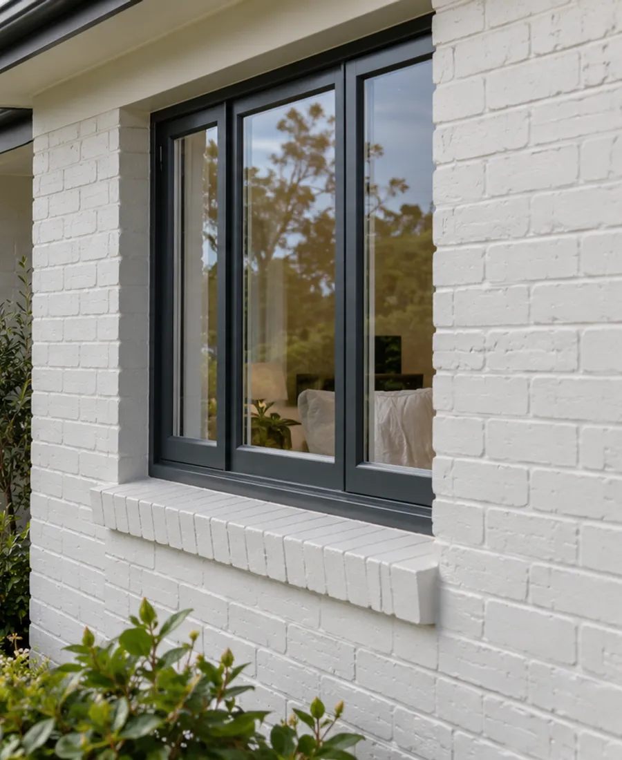 Painted brick wall on a modest Auckland home, mortar texture and a garden window visible, calm exterior photograph