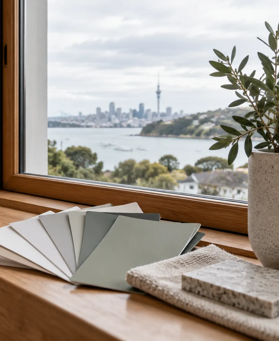 Natural close interior scene with muted paint sample cards beside a timber window and painted wall