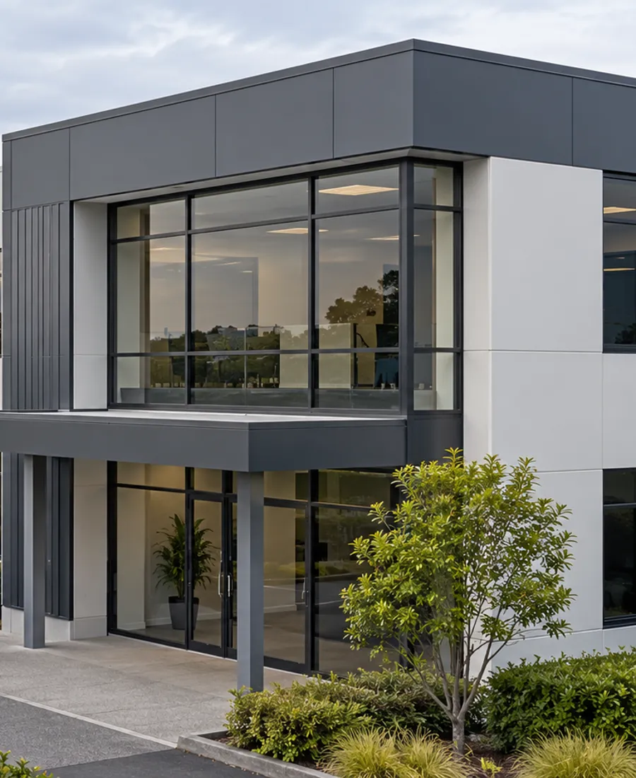 Unbranded modest Auckland commercial office facade, clean painted surfaces and roofline, no signs or people