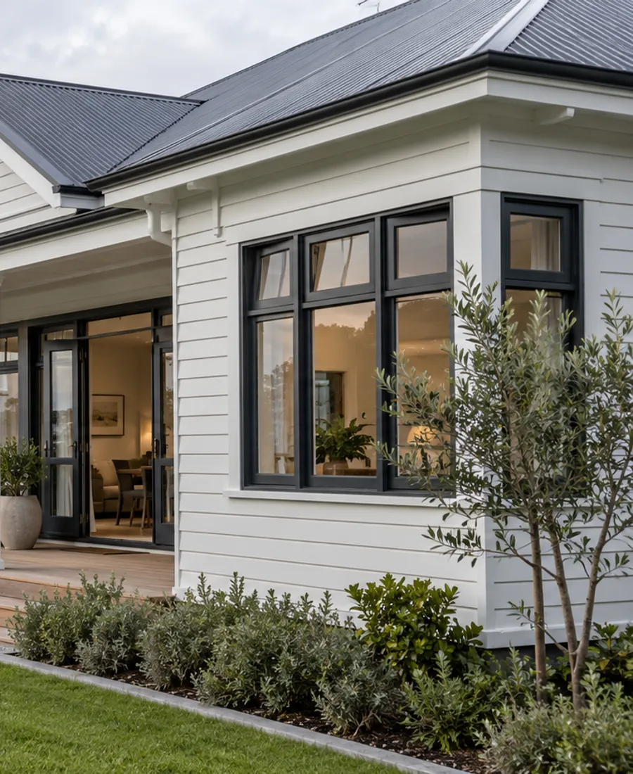 Auckland house facade with clean painted timber weatherboards and contrasting joinery, natural material detail