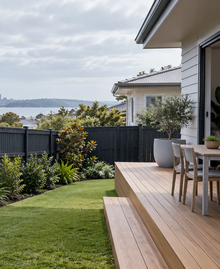 Painted timber boundary fence around an Auckland suburban garden, realistic timber grain and neat planting