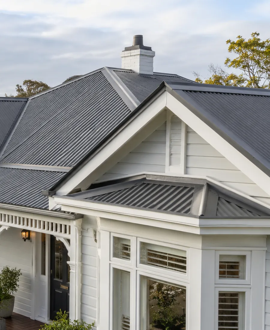 Roof-focused architectural photograph of an established timber villa with pale cladding and a grey metal roof in a leafy Auckland-style residential setting