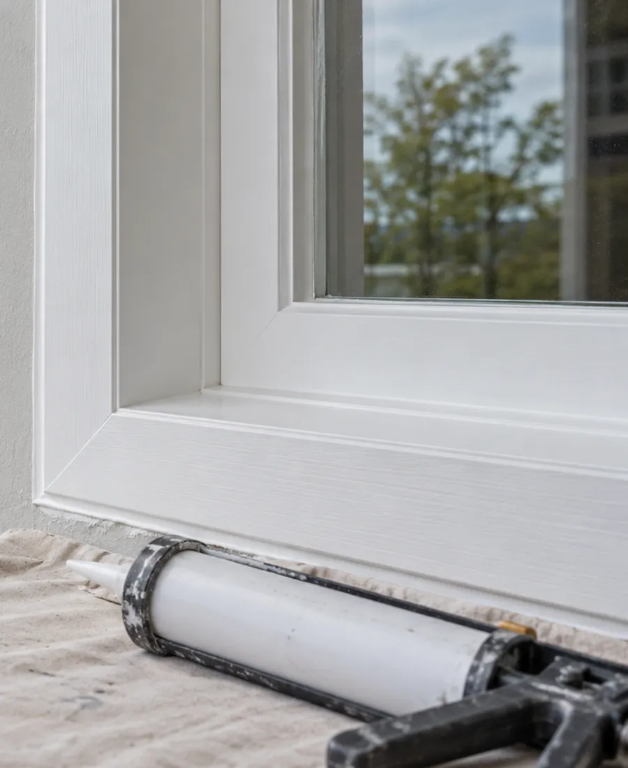 Close detail of a neatly sealed paintable joint between painted architrave and wall, caulking tool resting on a protected bench