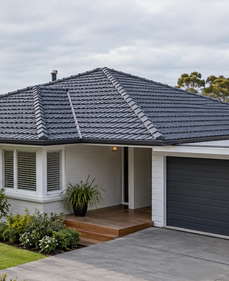 Roof-focused architectural photograph of a simple mid-century home with a tiled hip roof in a leafy Auckland-style residential setting