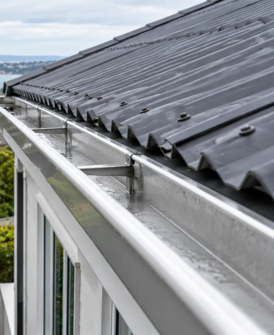 Clean open gutter along a modest Auckland house roof edge, a few leaves visible in nearby planting, no worker