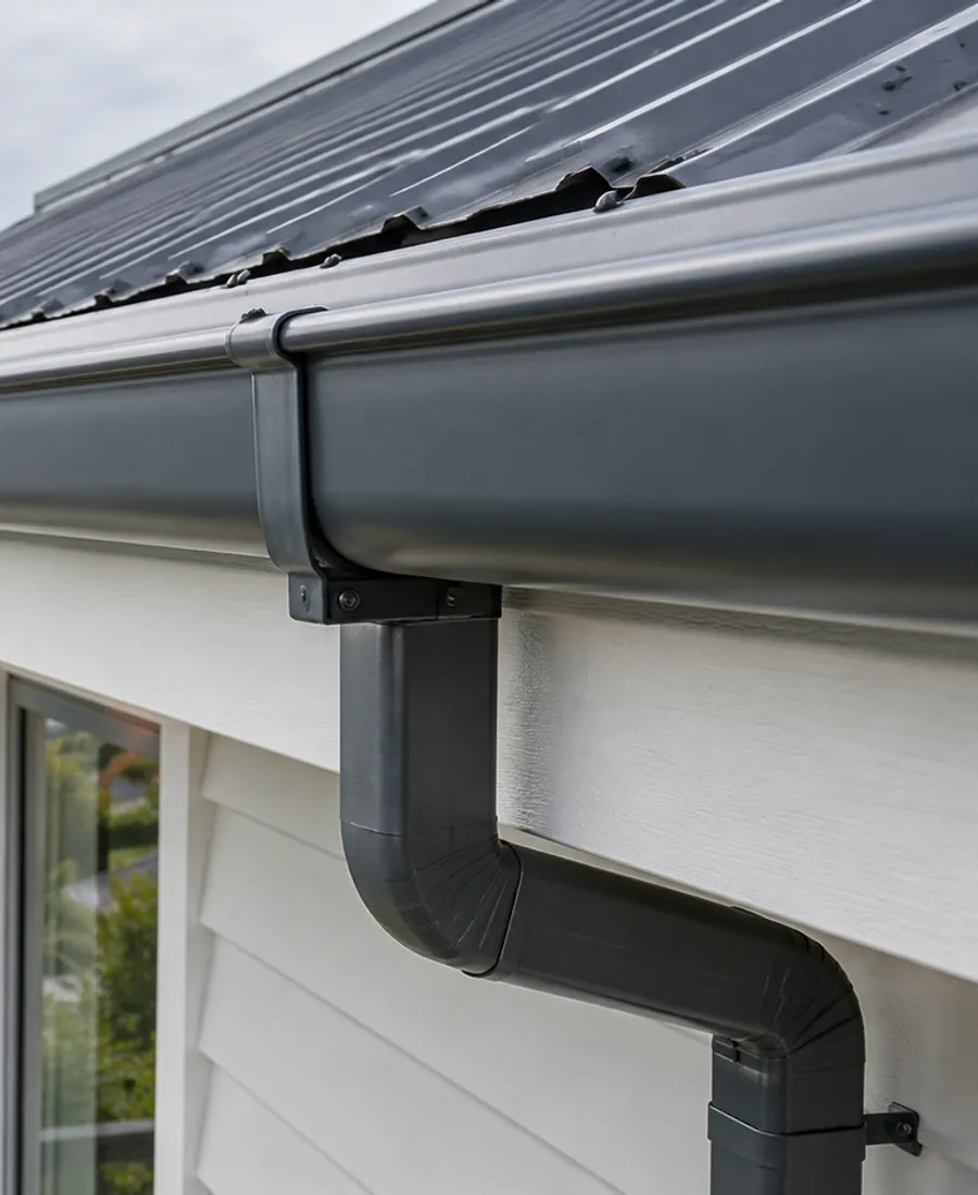 Detailed view of well-fitted gutter joint and brackets beside an Auckland house fascia, realistic roof-edge materials, no worker