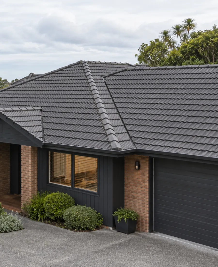 Roof-focused architectural photograph of a modest brick-and-timber house with concrete roof tiles in a leafy Auckland-style residential setting