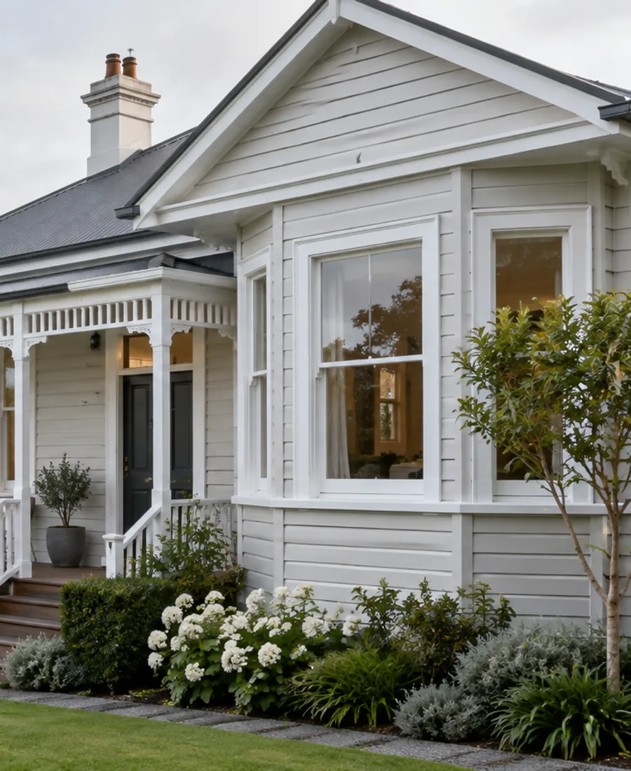 Auckland weatherboard villa with coordinated soft exterior paint and prominent roof