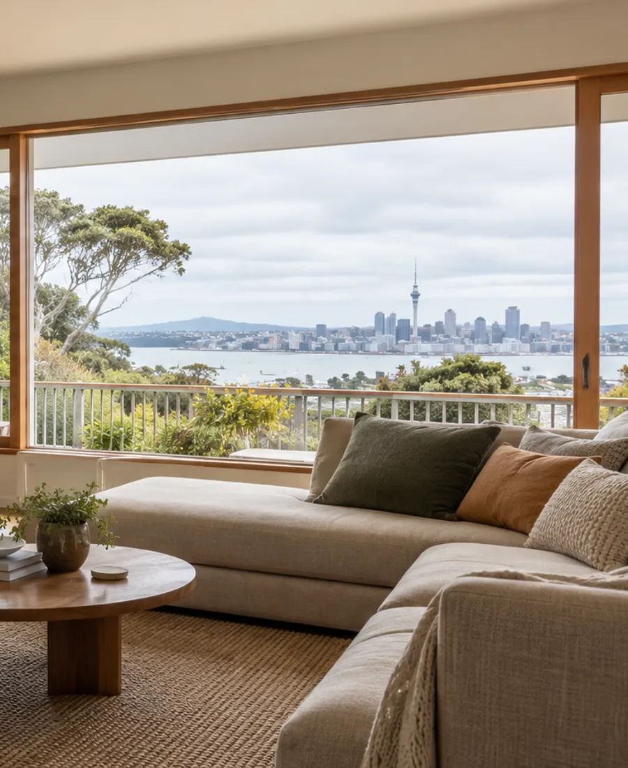 An authentic lived-in Auckland living room, softly painted plasterboard walls, timber floor and windows, subtle furniture