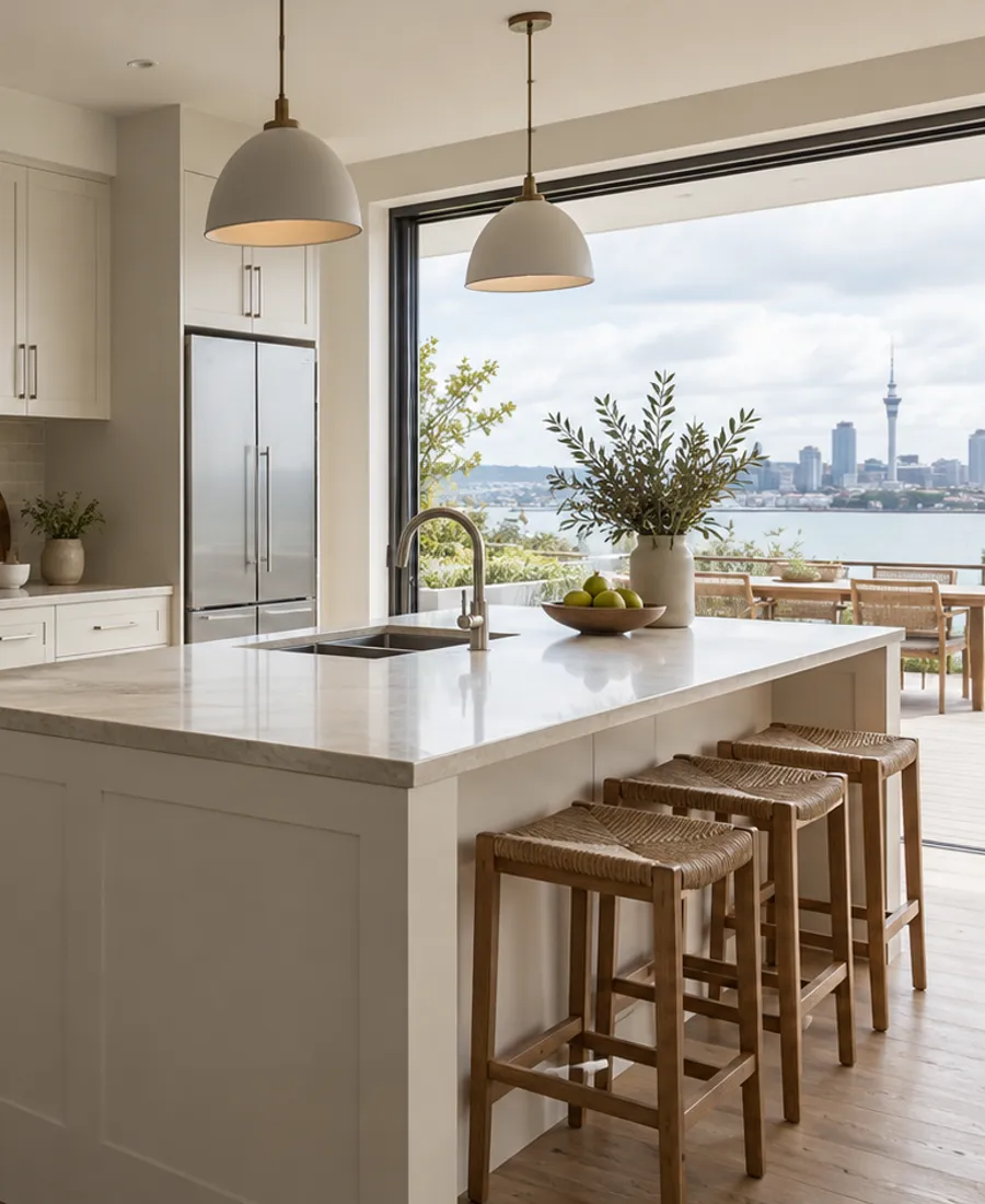 Auckland home kitchen with finely refinished muted cream cabinet doors, painted shaker details and simple brushed handles