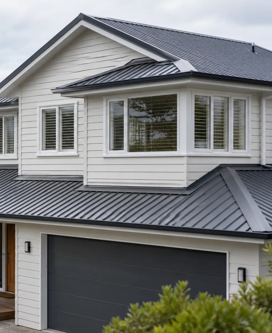 Roof-focused architectural photograph of a two-storey weatherboard home with a pitched metal roof in a leafy Auckland-style residential setting