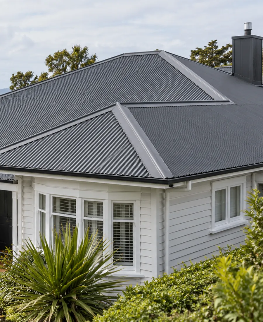Roof-focused architectural photograph of a single-storey weatherboard bungalow with a charcoal corrugated roof in a leafy Auckland-style residential setting
