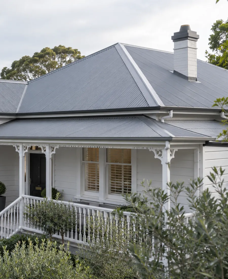 Roof-focused architectural photograph of an established timber villa with pale cladding and a grey metal roof in a leafy Auckland-style residential setting