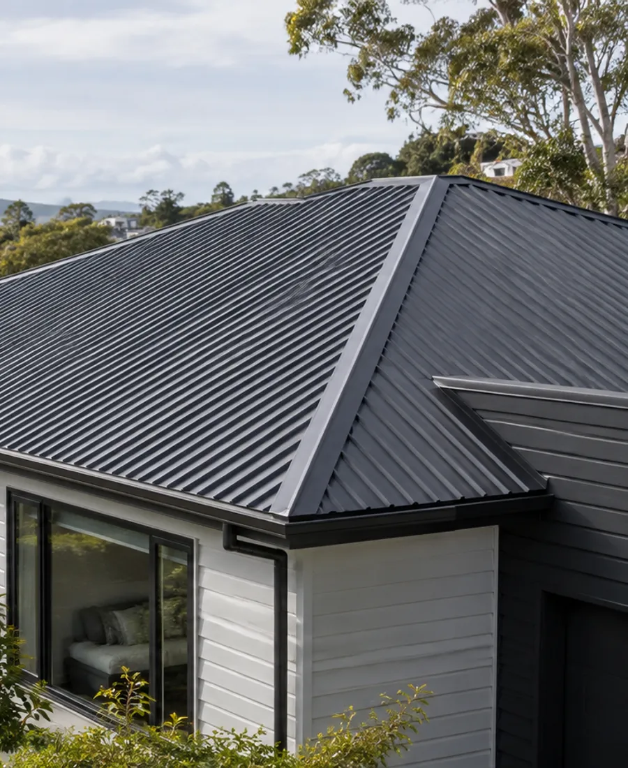 Roof-focused architectural photograph of a low-rise townhouse with a dark profiled metal roof in a leafy Auckland-style residential setting