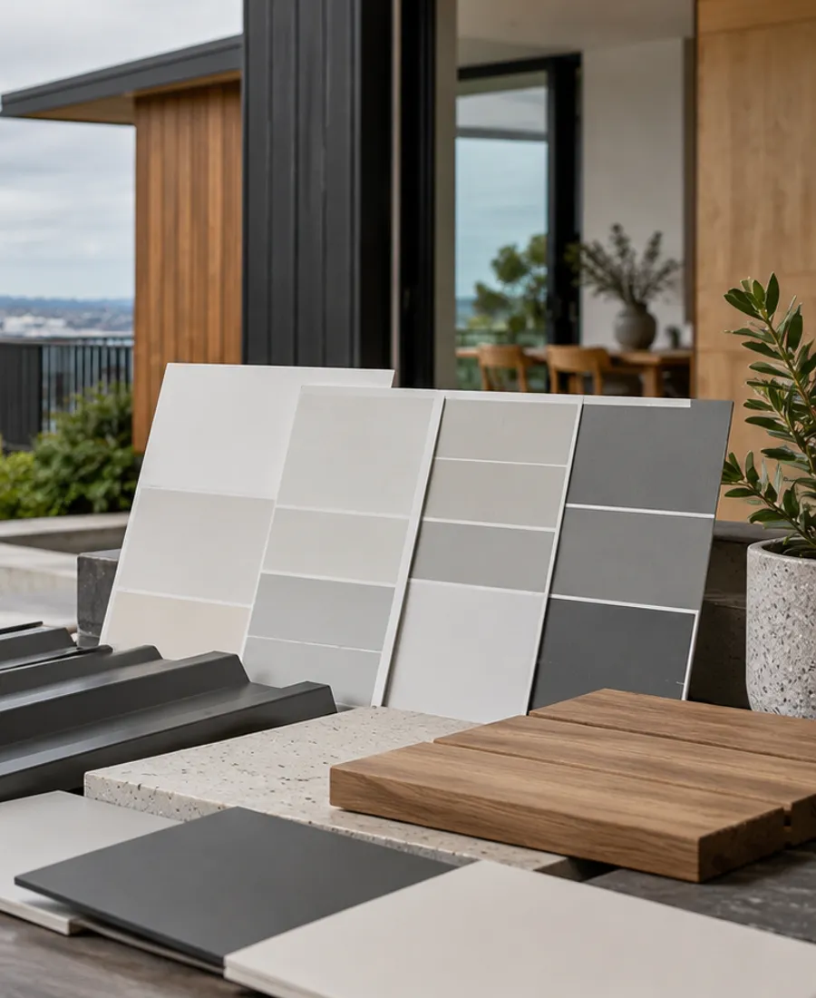 Unbranded paint sample boards in muted whites and greys alongside metal roofing and timber samples on a clean workbench, no readable text