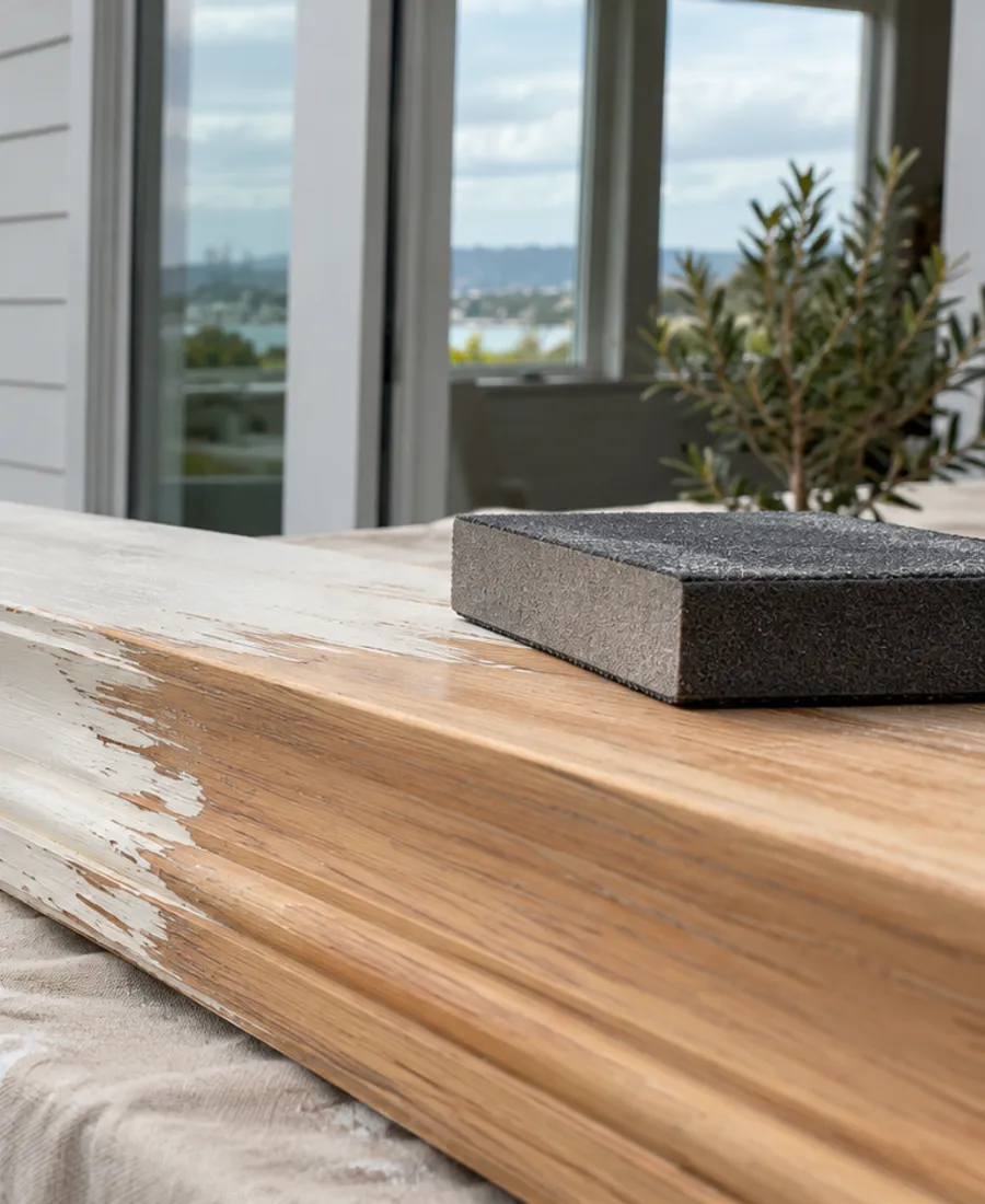 Ground-level close view of partly prepared painted timber board, carefully sanded feathered paint edge and unbranded sanding block on a protected bench, no dust or people