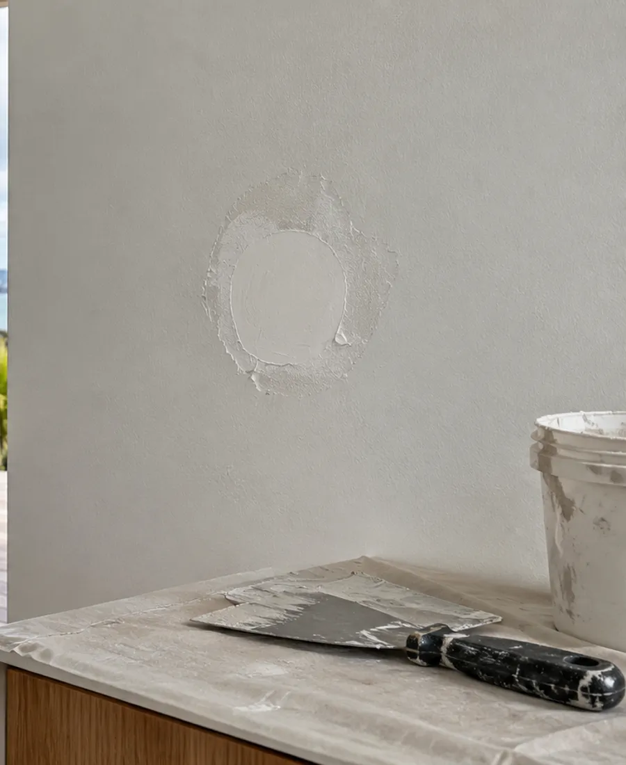 Small repaired plasterboard dent with subtle fresh joint compound on a wall and a putty knife on a nearby protected worktop