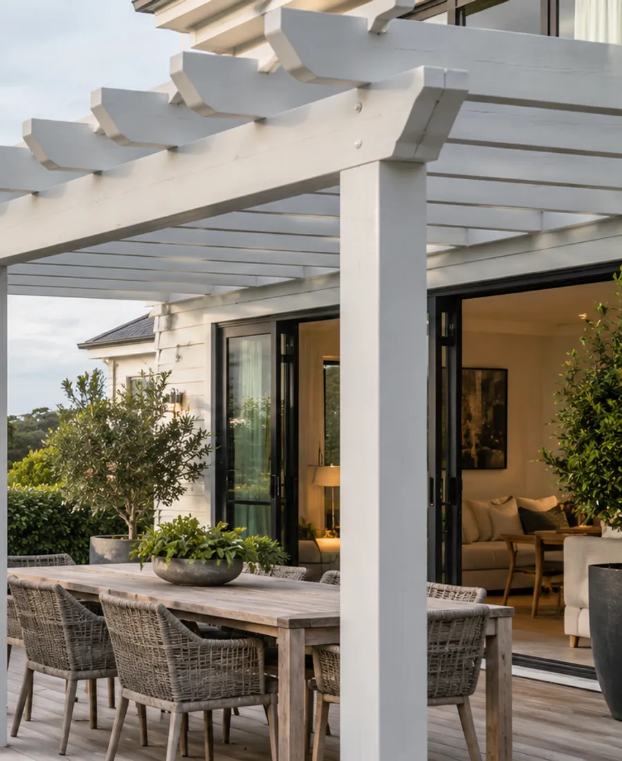 Painted timber pergola over a small Auckland home courtyard, visible rafters and timber joints