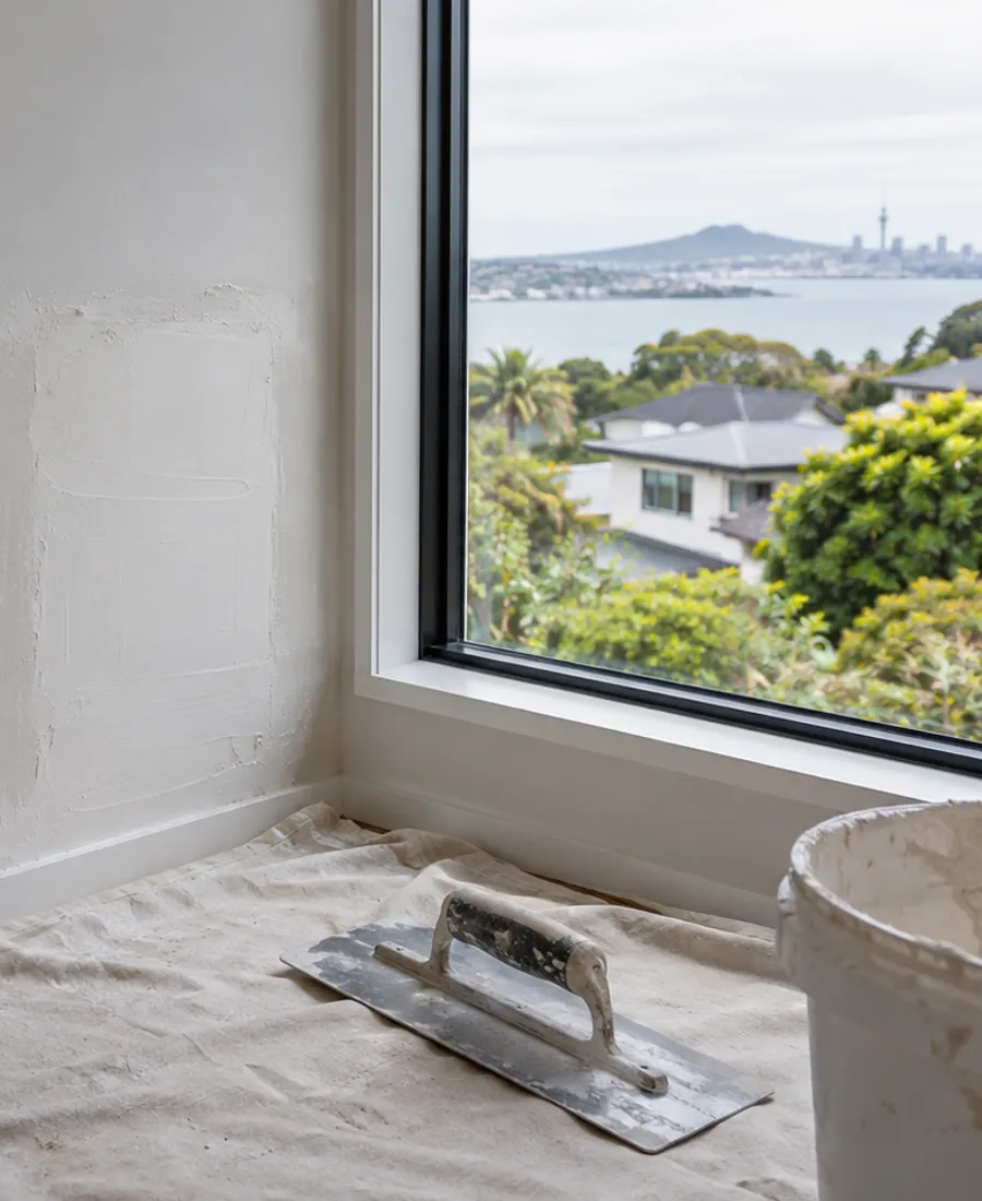 Plasterboard wall with a small neatly skimmed repair area beside a window, drop cloth below and unbranded plastering trowel