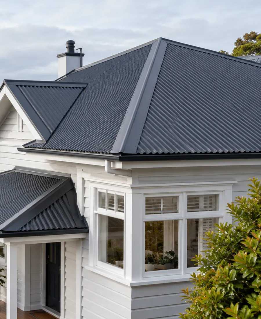Freshly coated charcoal corrugated metal roof on an Auckland timber home, three-quarter view, credible subtle surface texture