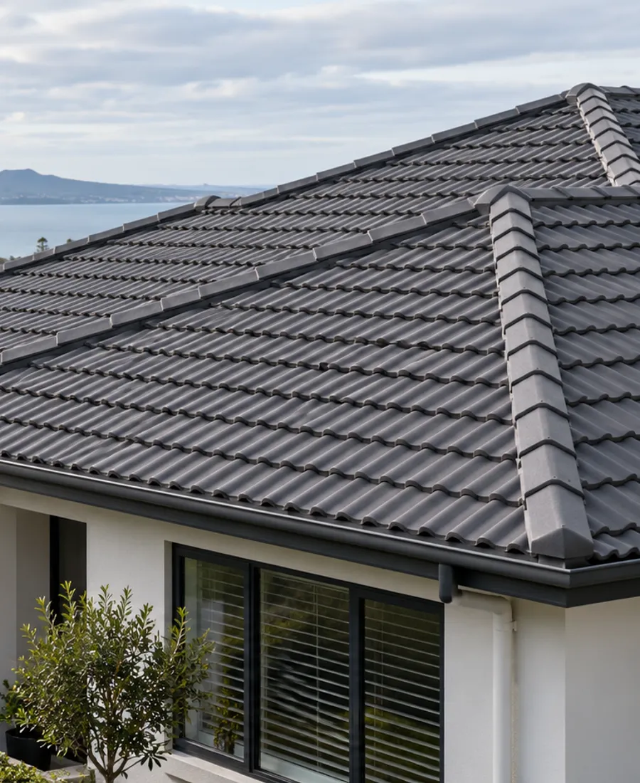 Concrete tile roof in good maintained condition, hip ridges and tile profile visible, an established Auckland house, focus on restored roof materials
